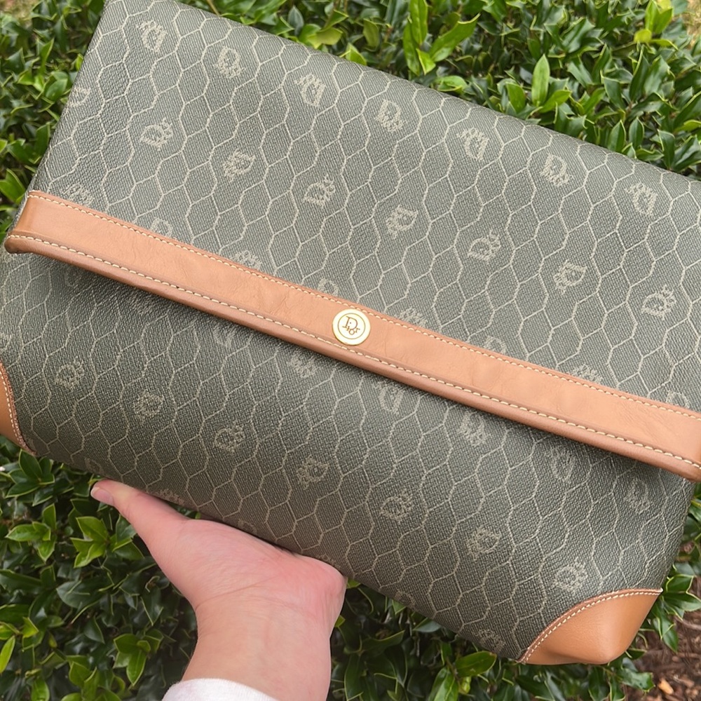 Dior Vintage Shades Of Taupe Grey Honeycomb Print Coated Canvas large Clutch